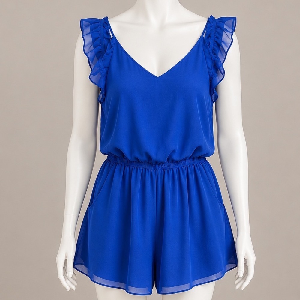 The Hanger Boho Blue Ruffle Cold Shoulder Romper Strappy Back M Cottagecore